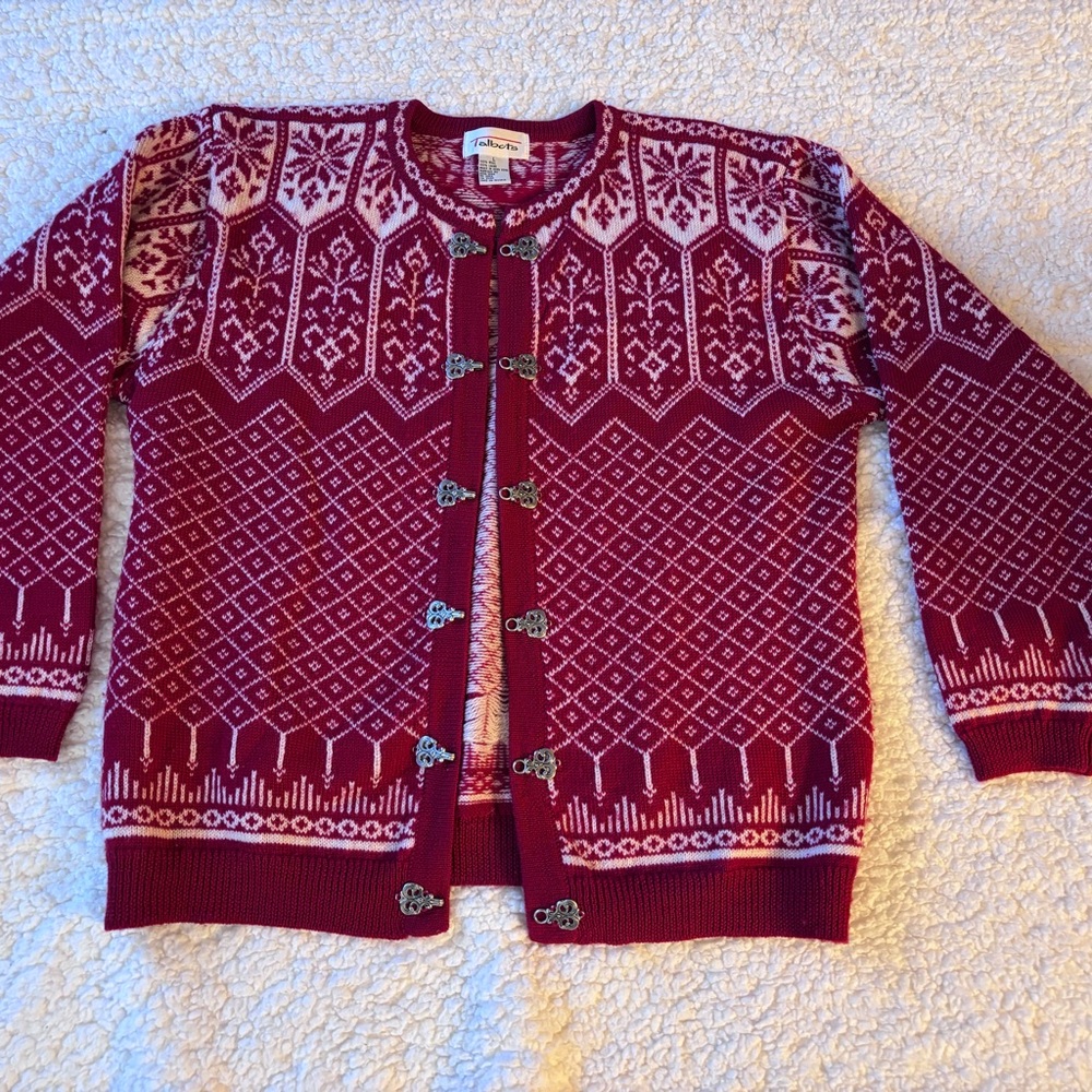 Talbots Red and White Nordic Wool Cardigan